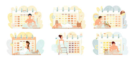Set of illustrations about people steaming and relaxing against background of schedule or calendarのイラスト素材