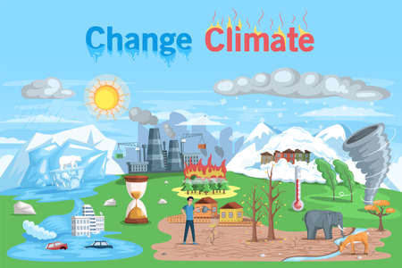 Temperature rising and animal extinction, climate change and danger for ecology. Natural disasters cataclysmsのイラスト素材