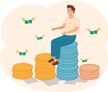 Happy businessman sitting on coins. Rich man on top of coin stack. Business success financial profitのイラスト素材