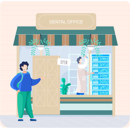 Dental office building doctor talking to patient. Medical stomatology clinic entrance with signboardのイラスト素材