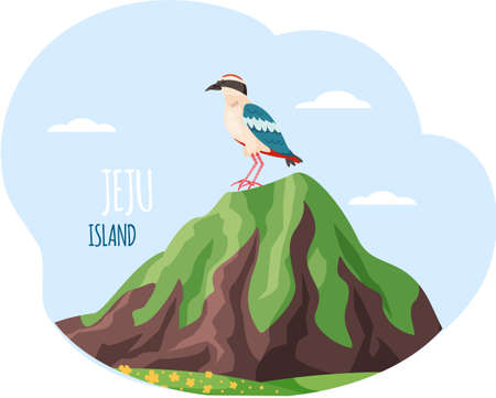 Exotic bird sits on mountain near green meadow with flowers and Jeju island inscription in blue skyのイラスト素材