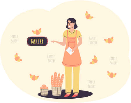 Family bakery concept with happy woman baker sells fresh sweet croissants. Girl baker with breadのイラスト素材