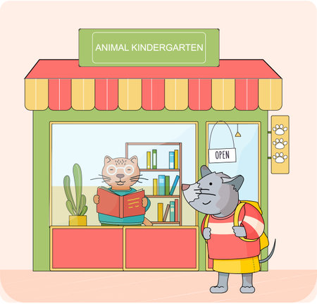Mouse with backpack stands on background kindergarten. Outside window cat reading book with glassesのイラスト素材