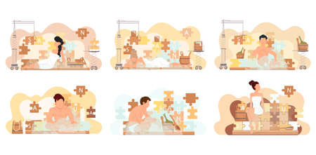Set of illustrations about people take steam baths on background of puzzles with inscription saunaのイラスト素材