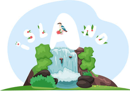 Slope with flowing waterfall and flowers. Jeju island in South Korea. Inscription with national birdのイラスト素材