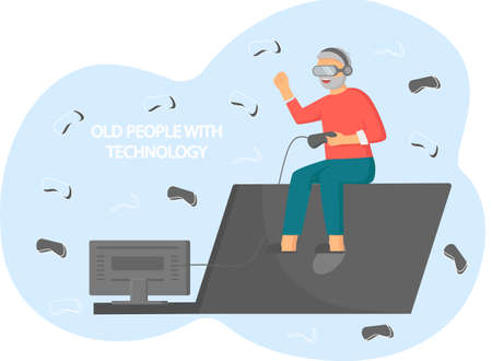 Old people play video game. Senior people with different gadgets. Oldster education on computerのイラスト素材