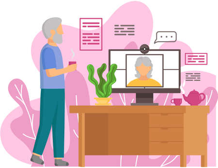 Old people play video game. Senior people with different gadgets. Oldster education on computerのイラスト素材