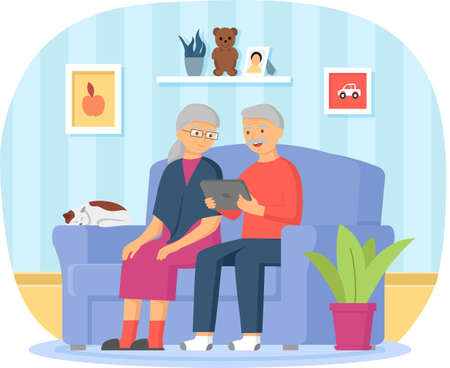 Old people play video game. Senior people with different gadgets. Oldster education on computerのイラスト素材