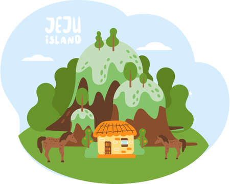 Wellcom to Jeju island in South Korea, traditional elements. Attraction landmarks of Jejuのイラスト素材