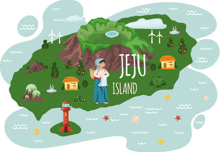 Female character in national costume. Welcome to Jeju island in South Korea. Local Jeju womanのイラスト素材