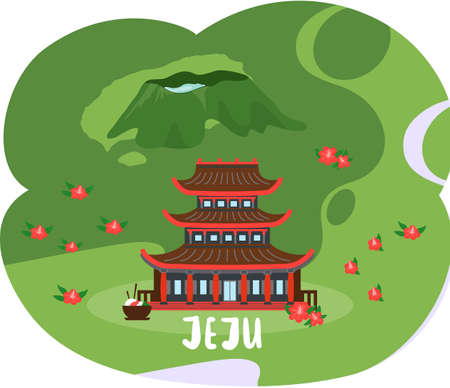 Red building in oriental style standing on flowering slope. Landscape of Jeju island in South Koreaのイラスト素材