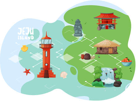 Wellcom to Jeju island in South Korea, traditional elements. Attraction landmarks of Jejuのイラスト素材