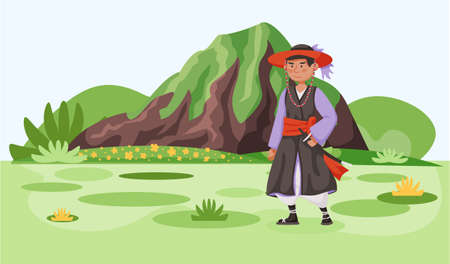 Welcome to Jeju in South Korea, traditional attraction. Layout of postcard with invitation to islandのイラスト素材