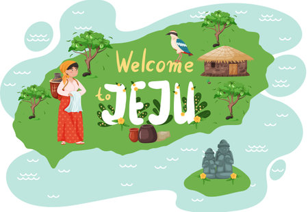 Female character in national costume. Welcome to Jeju island in South Korea. Local Jeju womanのイラスト素材