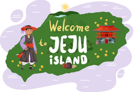 Welcome to Jeju in South Korea, traditional attraction. Layout of postcard with invitation to islandのイラスト素材