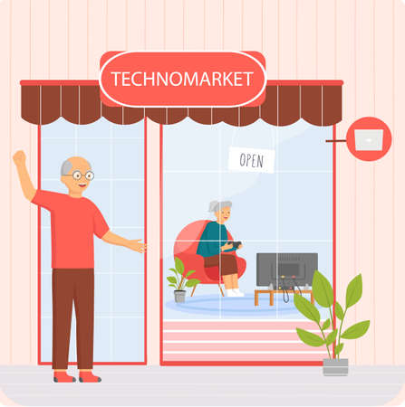 Old people play video game. Senior people with different gadgets. Oldster education on computerのイラスト素材