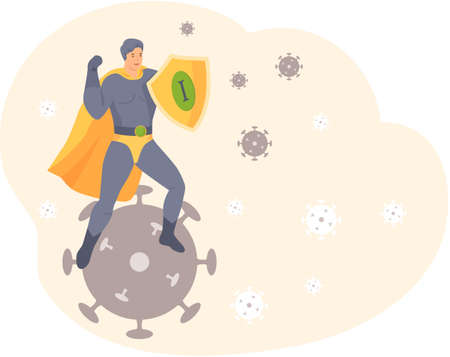 Battle winner superhero stands on coronavirus. Power of imunity to fight disease and bacteriaのイラスト素材