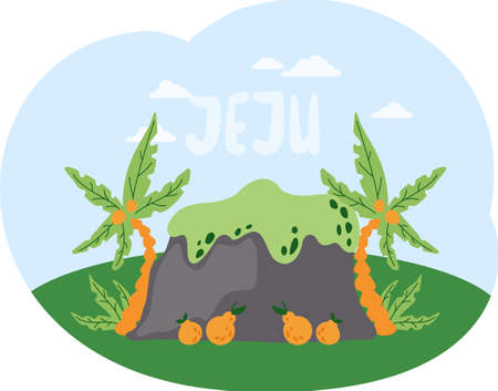 Hill with palms and tangerines on island. Nature landscape of Jeju in Korea vector illustrationのイラスト素材