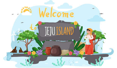 Female character in national costume. Welcome to Jeju island in South Korea. Local Jeju womanのイラスト素材