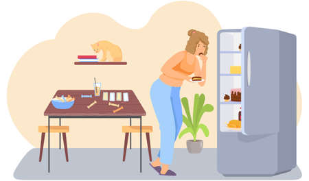 Woman eats cake from refrigerator. Female character is stealing pie on sly. Unhealthy eating habitのイラスト素材