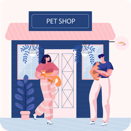 Pet shop with signboard, veterinarian market with showcase, animal accessories store indoorsのイラスト素材