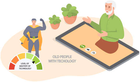Old people play video game. Senior people with different gadgets. Oldster education on computerのイラスト素材