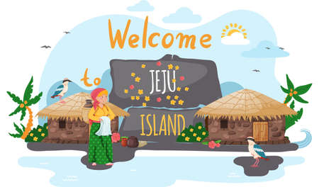 Female character in national costume. Welcome to Jeju island in South Korea. Local Jeju womanのイラスト素材