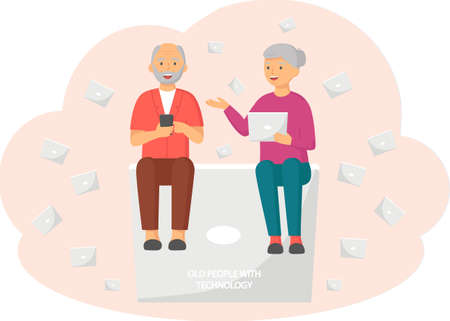 Old people play video game. Senior people with different gadgets. Oldster education on computerのイラスト素材