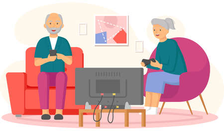 Old people play video game. Senior people with different gadgets. Oldster education on computerのイラスト素材