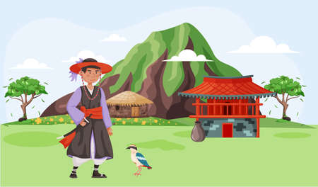 Welcome to Jeju in South Korea, traditional attraction. Layout of postcard with invitation to islandのイラスト素材