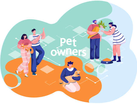 Young man and woman walking and playing with domestic animals outdoors, owners take care of petsのイラスト素材