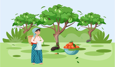 Female character in national costume. Welcome to Jeju island in South Korea. Local Jeju womanのイラスト素材