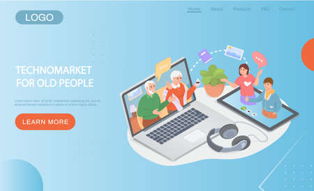 Technomarket for old people concept. Website for communication with relatives landing page templateのイラスト素材