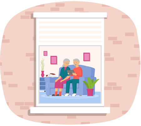Elderly parents sitting at computer and talking to daughter. Online communication via Internetのイラスト素材