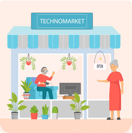 Old man playing video games  in store. Person in VR glasses plays in technomarketのイラスト素材