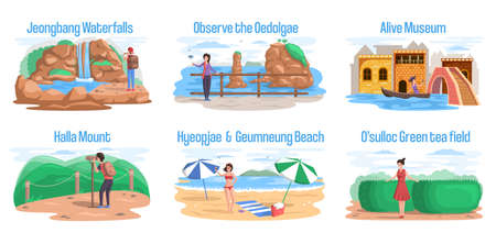 Wellcom to Jeju island in South Korea, traditional elements. Attraction landmarks of Jejuのイラスト素材