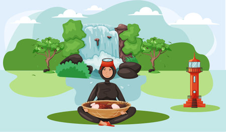 Girl in wetsuit, plants and nature in Jeju. Bowl of seafood, national dish of islandのイラスト素材