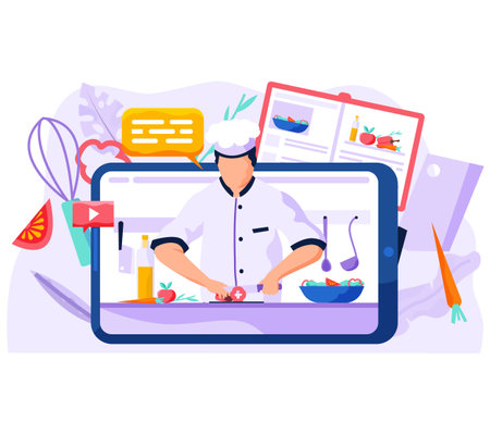 Male chef on tablet screen teaches to cook healthy salad. Culinary online video blog in Internetのイラスト素材