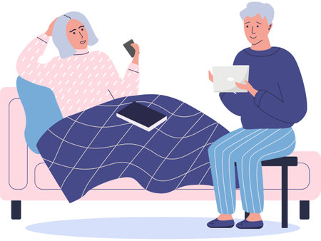 Elderly people are chatting with smartphone and tablet. Old couple with technologies at homeのイラスト素材