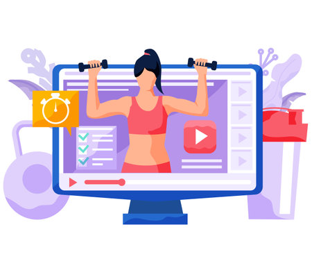 Athlete exercising with dumbbells. Online video training with female trainer doing exercisesのイラスト素材
