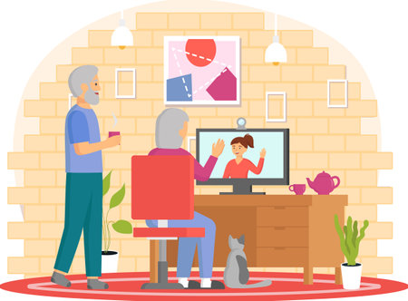 Elderly parents sitting at computer and talking to daughter. Online communication via Internetのイラスト素材