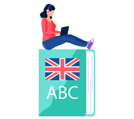 Woman studying foreign language at laptop. Student at online learning on English dictionaryのイラスト素材