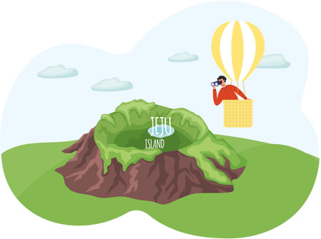Guy with binoculars in hot air balloon flies near mountain with lake. Jeju island in South Koreaのイラスト素材