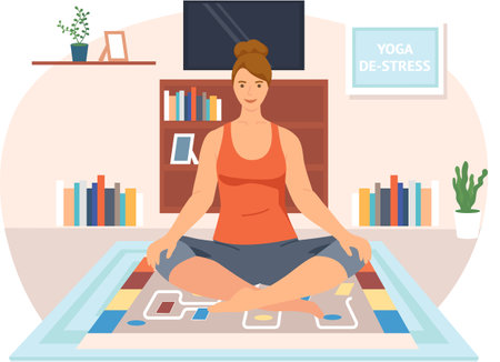 Girl meditating to improve her health. Woman doing yoga at home. Exercises for stress reliefのイラスト素材