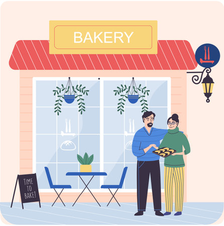 Couple of bakers next to bakery shop building facade. Baking store, bread, pastry and dessert shopのイラスト素材