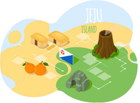 Wellcom to Jeju island in South Korea, traditional elements. Attraction landmarks of Jejuのイラスト素材