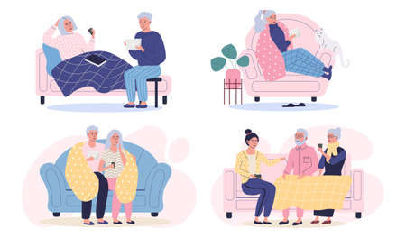 Set of illustrations about elderly people spend time together at home. Old couple use technologyのイラスト素材
