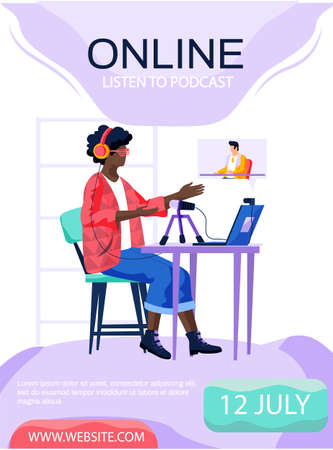 Girl with headphones broadcasts in recording studio. Listening to podcasts online conceptのイラスト素材