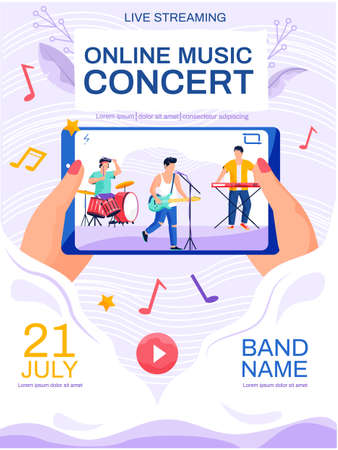 Online music concert concept poster. Male musician are performing online, singing and playingのイラスト素材