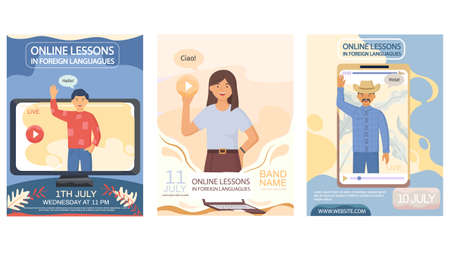 Set of illustrations about online lesson in foreign languages. Learning conversational speechのイラスト素材